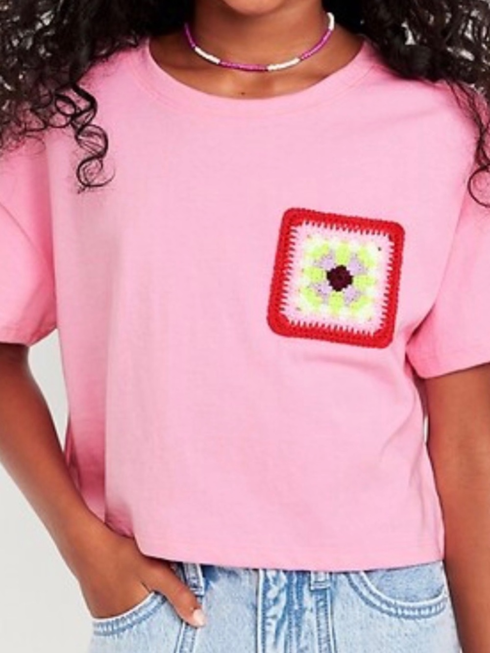 Oversized Embroidered Granny Square Accent Top Girls Size S (6-7) T-shirt Boho